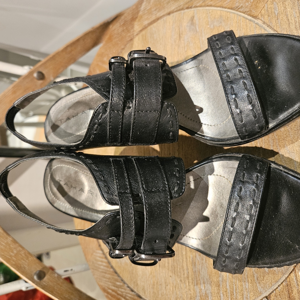 Tahari Black Adjustable Leather Sandals with Padded Footbed